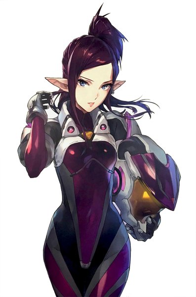 Anime picture 1790x2704 with macross macross delta mirage farina jenius mita chisato single long hair tall image looking at viewer highres breasts blue eyes simple background standing white background holding payot purple hair ponytail parted lips head tilt