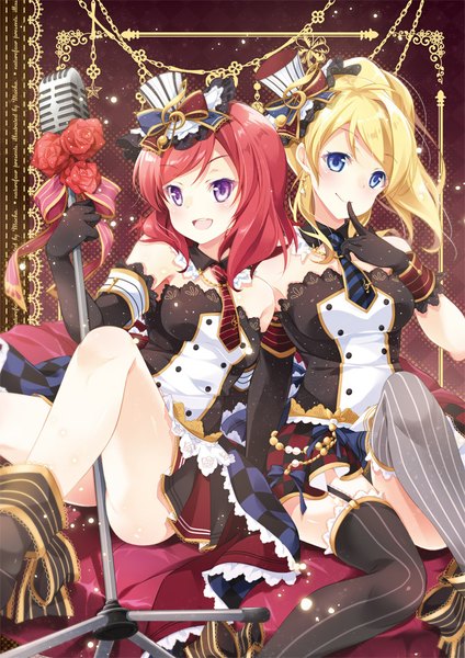 Anime picture 707x1000 with love live! school idol project sunrise (studio) love live! nishikino maki ayase eli mocha (naturefour) long hair tall image blush open mouth light erotic blonde hair smile sitting purple eyes multiple girls pink hair different thighhighs girl thighhighs