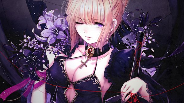 Anime picture 1366x768 with fate (series) fate/grand order fate/stay night artoria pendragon (all) saber alter creamsea single looking at viewer blush fringe short hair breasts light erotic blonde hair hair between eyes wide image purple eyes twintails holding payot