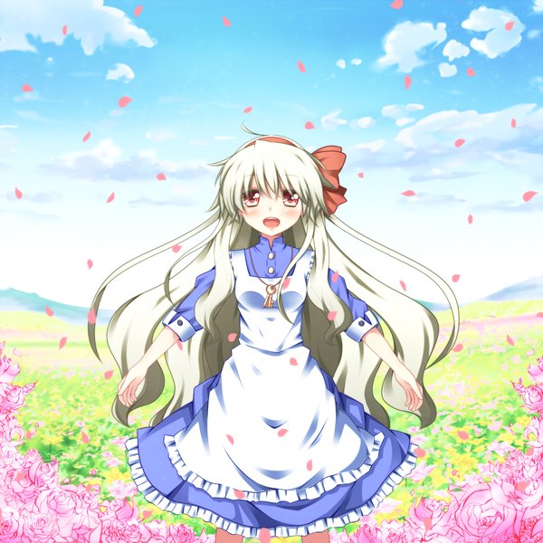 Anime picture 2000x2000 with kousa (black tea) single long hair blush highres open mouth red eyes cloud (clouds) white hair girl dress flower (flowers) petals hairband