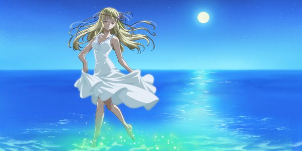 Anime picture 1252x626 with star plus one kashiwagi noemi kawamura toshie single long hair blonde hair wide image eyes closed night wavy hair girl dress water white dress sea moon full moon