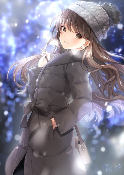 Anime picture 1768x2500 with original kagachi saku single long hair tall image looking at viewer blush fringe highres smile hair between eyes brown hair standing holding brown eyes signed long sleeves nail polish parted lips head tilt