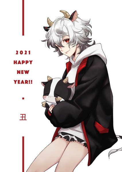 Anime picture 1505x2125 with original fuji (pixiv35145847) single tall image fringe short hair simple background hair between eyes red eyes white background animal ears silver hair tail animal tail horn (horns) open jacket new year happy new year 2021 cow ears