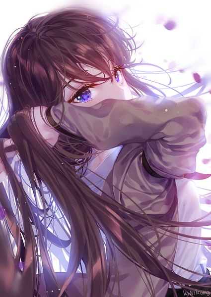 Anime picture 794x1122 with steins;gate white fox makise kurisu kiwikong single long hair tall image looking at viewer fringe breasts blue eyes simple background hair between eyes brown hair standing white background holding signed upper body long sleeves