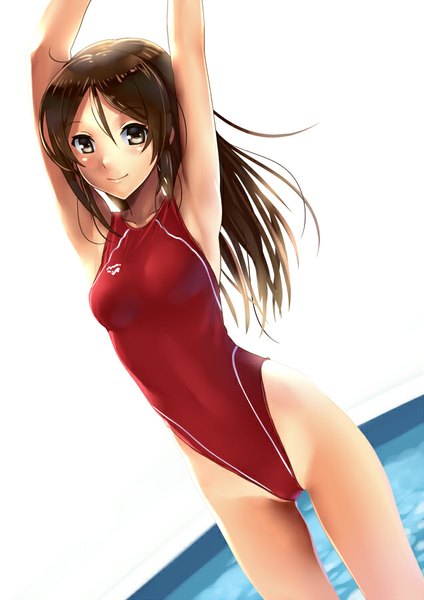Anime picture 636x900 with original katahira masashi single long hair tall image looking at viewer light erotic smile brown hair brown eyes light smile arms up armpit (armpits) girl swimsuit one-piece swimsuit