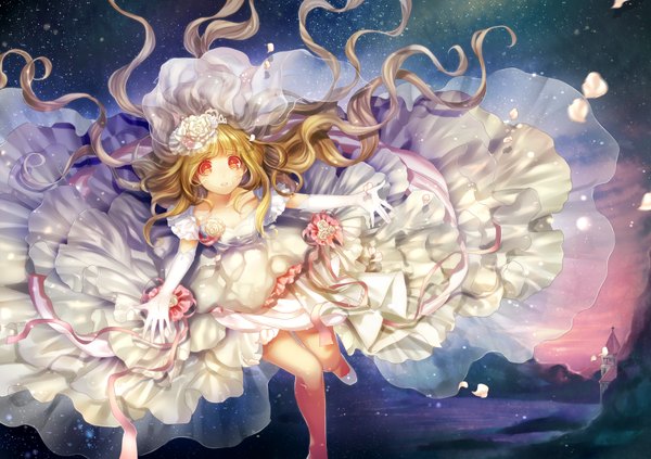 Anime picture 844x596 with original momoshiki tsubaki single fringe red eyes brown hair bent knee (knees) very long hair parted lips from above night night sky wavy hair spread arms river girl dress gloves petals elbow gloves