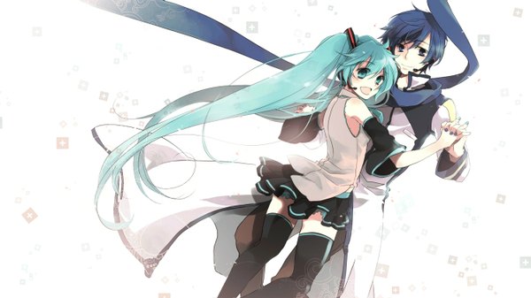 Anime picture 1366x768 with vocaloid hatsune miku kaito (vocaloid) looking at viewer short hair open mouth simple background smile wide image twintails bare shoulders blue hair looking away very long hair nail polish aqua eyes aqua hair holding hands girl thighhighs