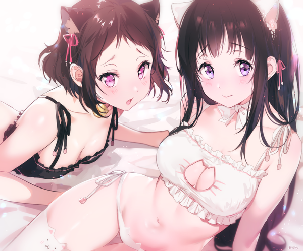 Anime picture 1100x914 with hyouka kyoto animation chitanda eru ibara mayaka mery (yangmalgage) long hair looking at viewer blush fringe short hair breasts open mouth light erotic black hair simple background sitting purple eyes multiple girls animal ears payot