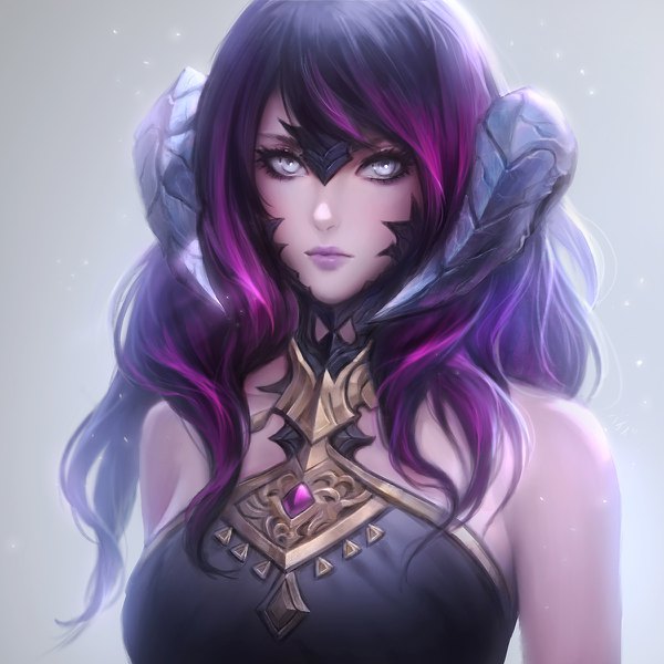 Anime picture 1200x1200 with final fantasy final fantasy xiv square enix au ra chaosringen single long hair looking at viewer fringe breasts black hair simple background purple hair upper body multicolored hair horn (horns) realistic grey background two-tone hair sleeveless