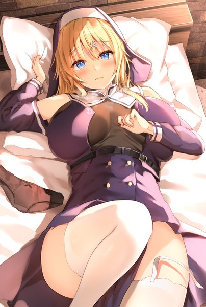 Anime picture 798x1184 with original sune (mugendai) single long hair tall image looking at viewer blush fringe breasts blue eyes light erotic blonde hair hair between eyes large breasts holding payot bent knee (knees) indoors lying long sleeves