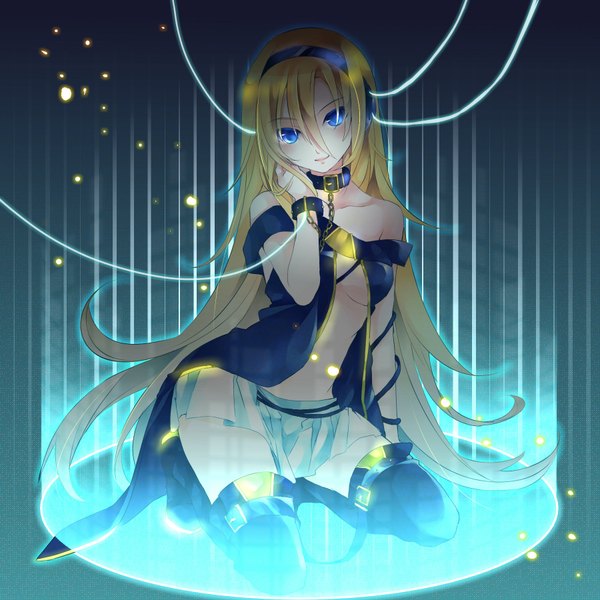 Anime picture 1800x1800 with vocaloid lily (vocaloid) single long hair looking at viewer fringe highres breasts light erotic blonde hair smile aqua eyes off shoulder midriff girl thighhighs navel headphones chain collar