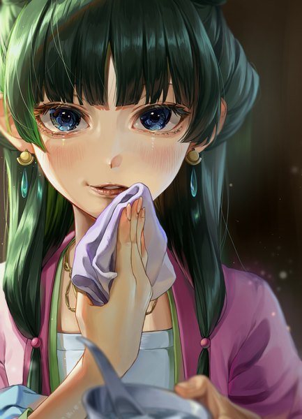Anime picture 2000x2772 with kusuriya no hitorigoto maomao (kusuriya no hitorigoto) rearea 7777 single long hair tall image looking at viewer blush fringe highres blue eyes upper body blunt bangs green hair outstretched hand girl earrings