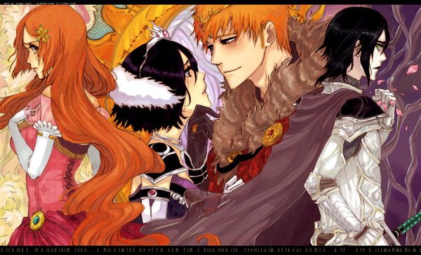 Anime-Bild 1440x874 mit bleach studio pierrot kurosaki ichigo kuchiki rukia inoue orihime ulquiorra schiffer rusky long hair blush short hair black hair smile wide image multiple girls brown eyes green eyes profile orange hair multiple boys couple