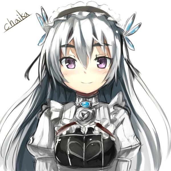 Anime picture 2480x2480 with hitsugi no chaika studio bones chaika trabant haik single long hair looking at viewer highres simple background white background purple eyes silver hair light smile character names lolita fashion sketch girl dress hair ornament butterfly hair ornament