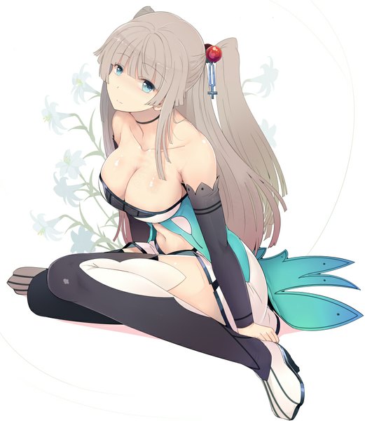 Anime picture 869x1000 with original sts long hair tall image breasts blue eyes light erotic bare shoulders cleavage grey hair girl thighhighs dress detached sleeves