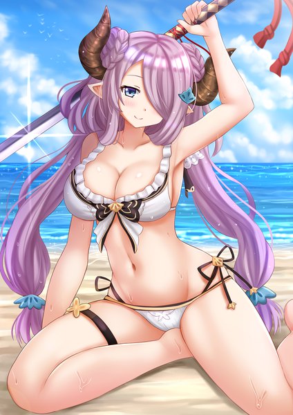 Anime picture 1200x1697 with granblue fantasy narmaya (granblue fantasy) narmaya (summer) (granblue fantasy) kazenokaze single long hair tall image looking at viewer blush fringe breasts blue eyes light erotic twintails sky cleavage purple hair cloud (clouds) braid (braids) head tilt