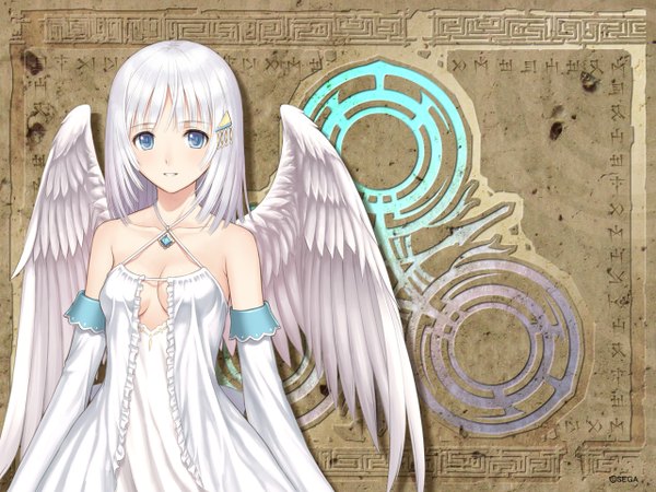 Anime picture 1280x960 with shining (series) shining ark panis angelicus tony taka single long hair looking at viewer blue eyes bare shoulders white hair girl dress detached sleeves wings