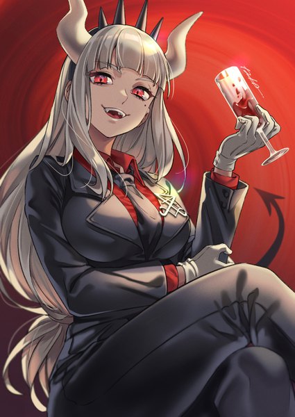 Anime picture 2150x3035 with helltaker lucifer (helltaker) iria (yumeirokingyo) single long hair tall image looking at viewer fringe highres breasts open mouth simple background smile red eyes large breasts sitting holding signed payot silver hair