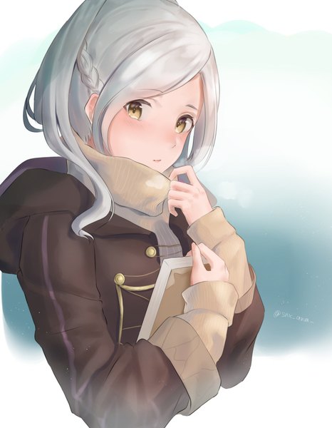Anime picture 1289x1660 with fire emblem fire emblem awakening nintendo robin (fire emblem) robin (fire emblem) (female) snk anm single long hair tall image looking at viewer blush simple background holding signed yellow eyes silver hair upper body braid (braids) twitter username blue background