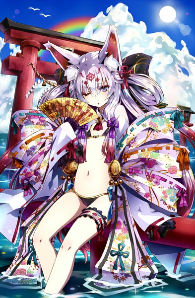 Anime picture 590x900 with million arthur (series) kaku-san-sei million arthur square enix ramuya (lamb) single long hair tall image looking at viewer blush fringe breasts open mouth light erotic sitting purple eyes animal ears sky purple hair traditional clothes japanese clothes