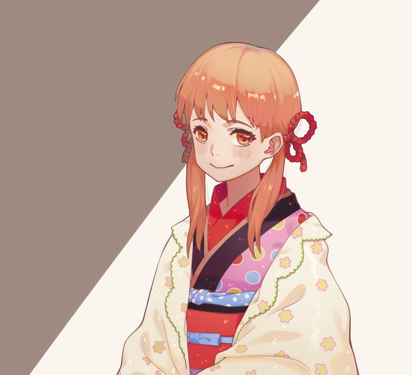 Anime picture 2306x2100 with sangatsu no lion shaft (studio) kawamoto hinata limao jun single long hair looking at viewer blush highres simple background smile twintails brown eyes upper body traditional clothes japanese clothes orange hair low twintails girl kimono