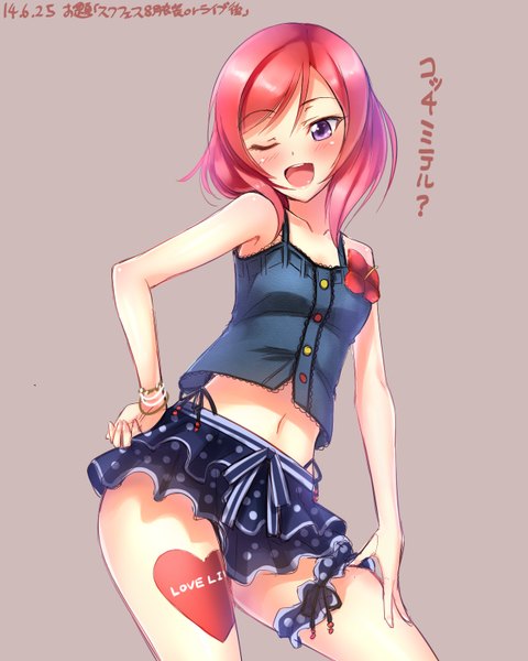 Anime picture 1240x1550 with love live! school idol project sunrise (studio) love live! nishikino maki yu-ta single tall image fringe short hair open mouth light erotic standing purple eyes red hair legs hand on hip happy girl skirt flower (flowers)