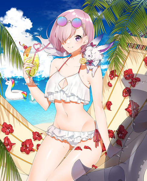 Anime picture 1435x1771 with fate (series) fate/grand order mash kyrielight fou (fate) sino42 single tall image fringe short hair breasts light erotic sitting purple eyes pink hair sky cloud (clouds) hair over one eye sparkle beach groin