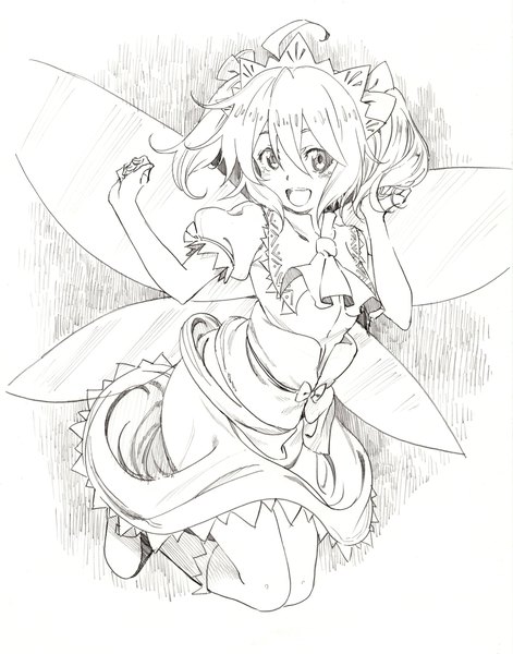 Anime picture 1609x2048 with touhou sunny milk pink x single tall image looking at viewer fringe short hair open mouth smile hair between eyes twintails ahoge bent knee (knees) short sleeves puffy sleeves monochrome jumping traditional media insect wings
