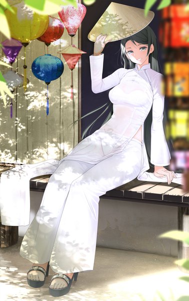 Anime picture 1440x2280 with original giba (out-low) single long hair tall image looking at viewer fringe light erotic smile sitting holding full body outdoors long sleeves parted lips grey hair blurry arm support grey eyes high heels