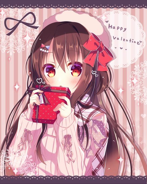 Anime picture 800x1000 with original mizuse sakua single long hair tall image blush fringe hair between eyes red eyes brown hair upper body valentine striped background girl heart hairclip sweater beret gift gift box