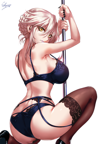 Anime picture 1000x1414 with fate (series) fate/grand order artoria pendragon (all) artoria pendragon (lancer alter) sakiyamama single tall image looking at viewer fringe short hair breasts light erotic simple background blonde hair hair between eyes large breasts white background bare shoulders holding signed