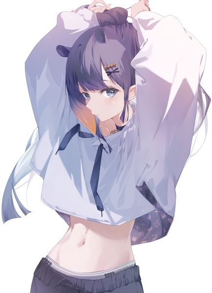 Anime picture 2067x2857 with virtual youtuber hololive hololive english ninomae ina'nis pola (1021) single long hair tall image looking at viewer fringe highres blue eyes black hair simple background white background animal ears arms up midriff adjusting hair extra ears