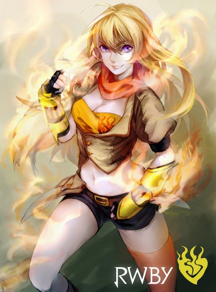 Anime picture 2185x2952 with rwby rooster teeth yang xiao long luo single long hair tall image looking at viewer fringe highres breasts blonde hair smile large breasts purple eyes cleavage bent knee (knees) bare belly puffy sleeves glowing