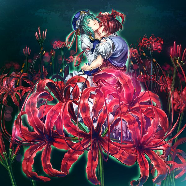 Anime picture 1000x1000 with touhou onozuka komachi shikieiki yamaxanadu ajishio short hair red eyes multiple girls green eyes red hair green hair two side up hug shoujo ai licking girl hair ornament 2 girls hat tongue hair tie