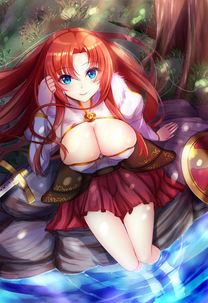 Anime picture 1290x1876 with fate (series) fate/grand order boudica (fate/grand order) ryuuzouji usagi single long hair tall image looking at viewer blush breasts blue eyes light erotic smile large breasts cleavage red hair river girl dress plant (plants)