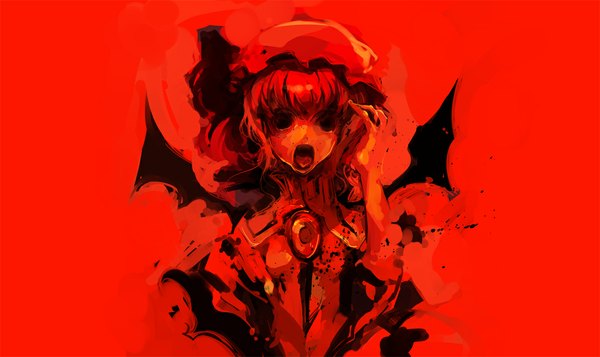 Anime picture 1112x662 with touhou remilia scarlet shimadoriru single short hair open mouth wide image red background bat wings girl hat