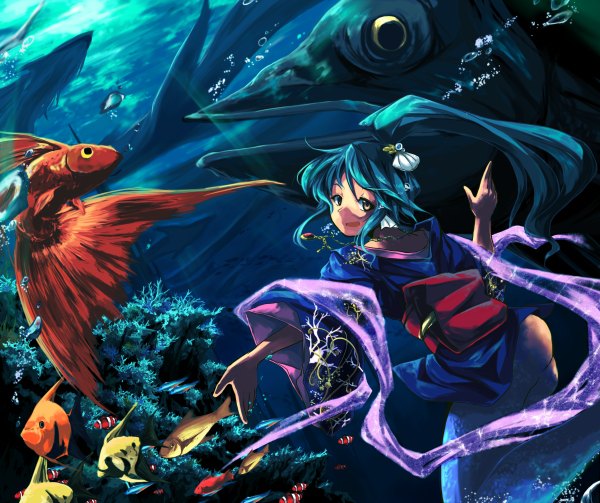 Anime picture 1200x1006 with original sorano eika long hair open mouth yellow eyes ponytail looking back aqua hair underwater giant animal girl hair ornament animal necklace fish (fishes) yukata mermaid coral