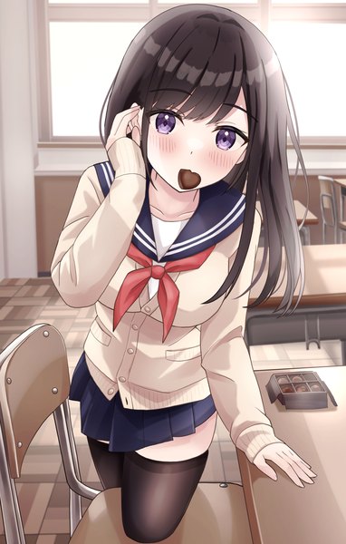 Anime picture 1072x1683 with original yukimaru217 single long hair tall image looking at viewer blush black hair purple eyes holding indoors pleated skirt mouth hold adjusting hair valentine classroom food in mouth girl thighhighs skirt