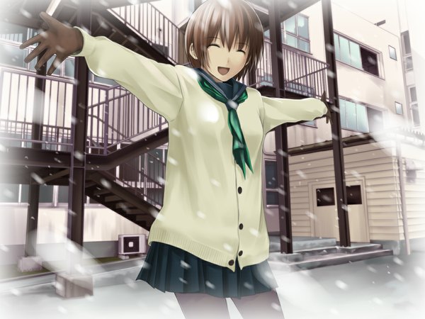 Anime picture 1024x768 with original hitori (htr t) short hair open mouth black hair eyes closed pleated skirt snowing spread arms winter snow girl skirt gloves miniskirt serafuku cardigan