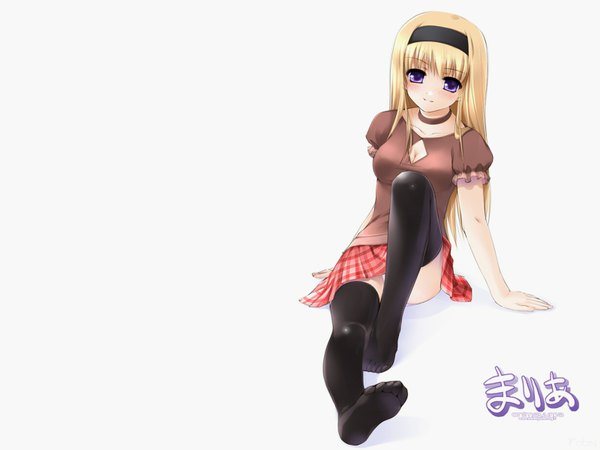 Anime picture 1600x1200 with hayate no gotoku! maria (hayate no gotoku!) ooji (artist) single long hair looking at viewer fringe simple background blonde hair white background sitting purple eyes full body arm support no shoes text hieroglyph cleavage cutout girl thighhighs