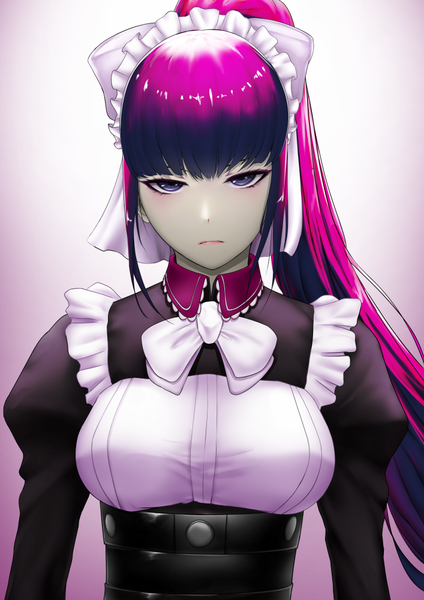 Anime picture 707x1000 with overlord (maruyama) madhouse narberal gamma eta37 single long hair tall image looking at viewer blush fringe breasts simple background standing purple eyes payot pink hair upper body ponytail blunt bangs multicolored hair