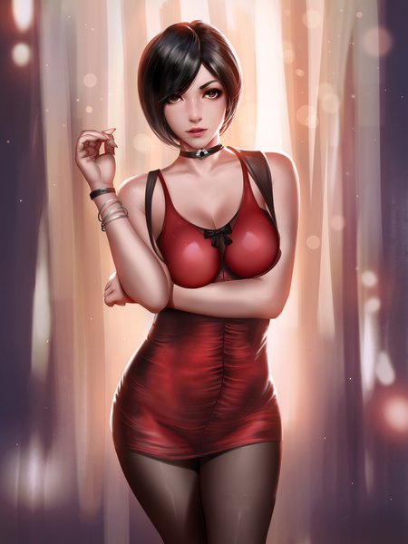 Anime picture 3000x4000 with resident evil ada wong liang xing single tall image looking at viewer fringe highres short hair breasts light erotic black hair large breasts standing brown eyes cleavage blurry realistic lipstick breast hold