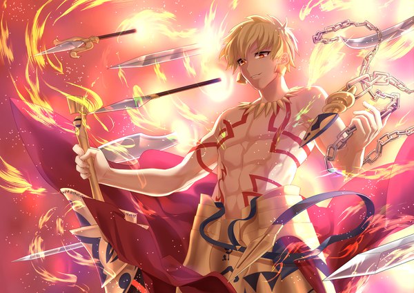 Anime-Bild 2121x1500 mit fate (series) fate/grand order fate/stay night gilgamesh (fate) mmz00166 single fringe highres short hair blonde hair holding light smile from below orange eyes tattoo topless muscle fighting stance abs boy