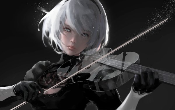 Anime picture 7185x4511 with nier nier:automata yorha no. 2 type b wlop single fringe highres short hair blue eyes simple background hair between eyes looking away absurdres upper body white hair head tilt lips realistic mole dark background