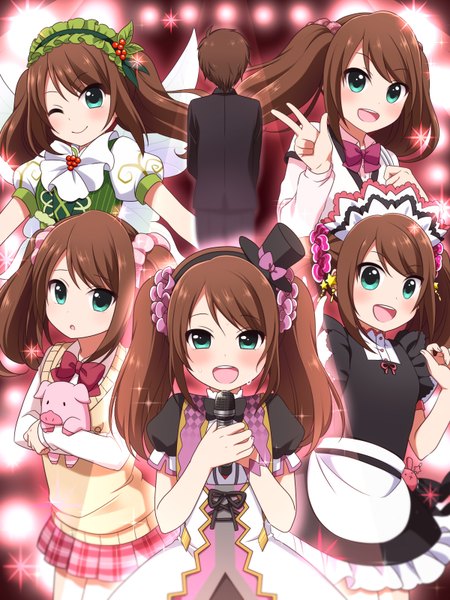 Anime picture 1200x1600 with idolmaster idolmaster side-m mizushima saki ringo yuyu long hair tall image looking at viewer blush short hair smile brown hair green eyes one eye closed wink maid sweat otoko no ko multiple persona boy skirt