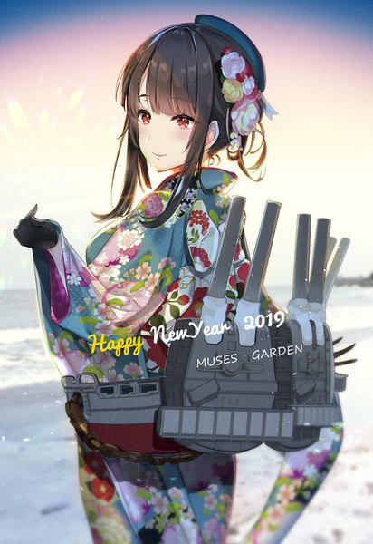 Anime picture 1031x1500 with kantai collection takao heavy cruiser hayakawa akari single long hair tall image black hair red eyes standing payot looking away traditional clothes japanese clothes light smile from behind text turning head floral print english new year