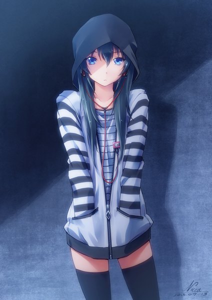 Anime picture 964x1364 with original silveria nicca (kid nicca) single long hair tall image looking at viewer blue eyes simple background signed blue hair striped hands in pockets girl thighhighs black thighhighs headphones hood zipper