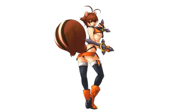 Anime picture 4000x2500 with blazblue makoto nanaya single highres short hair breasts open mouth light erotic simple background red eyes brown hair wide image white background animal ears absurdres ahoge animal tail looking back squirrel tail squirrel ears