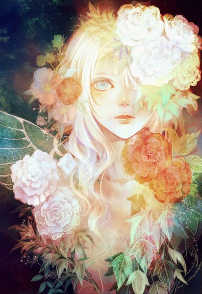 Anime picture 1000x1454 with original senano-yu single long hair tall image looking at viewer blush open mouth blue eyes blonde hair hair flower girl hair ornament flower (flowers) wings leaf (leaves)