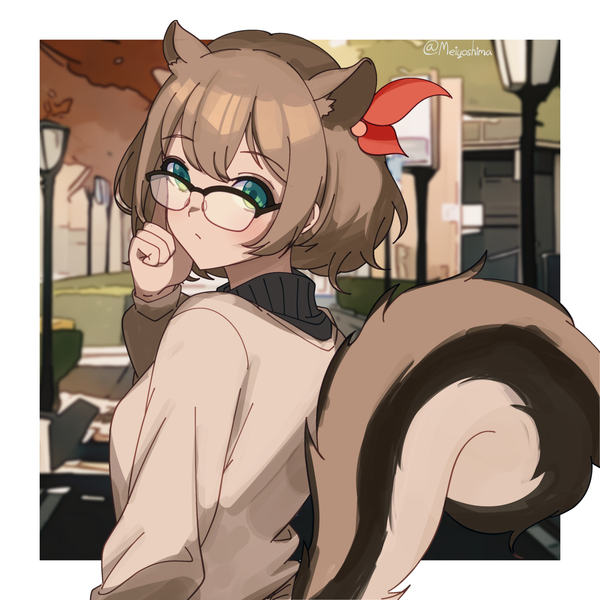 Anime picture 2250x2250 with virtual youtuber hololive hololive indonesia ayunda risu meiyoshima single looking at viewer fringe highres short hair hair between eyes brown hair green eyes signed animal ears upper body tail animal tail twitter username border